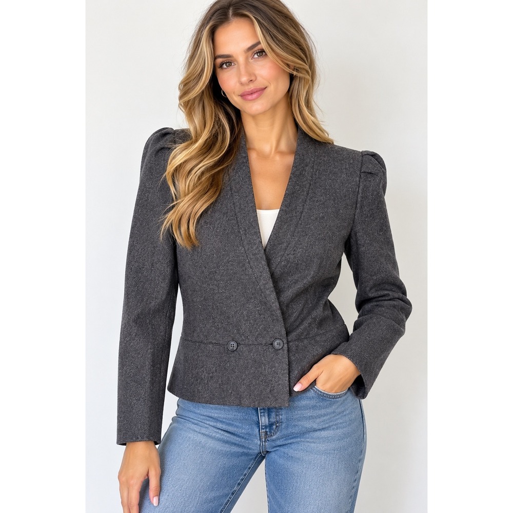 Vintage David Benjamin Blazer Women 12 Gray Puff Shoulder Wool Look Career